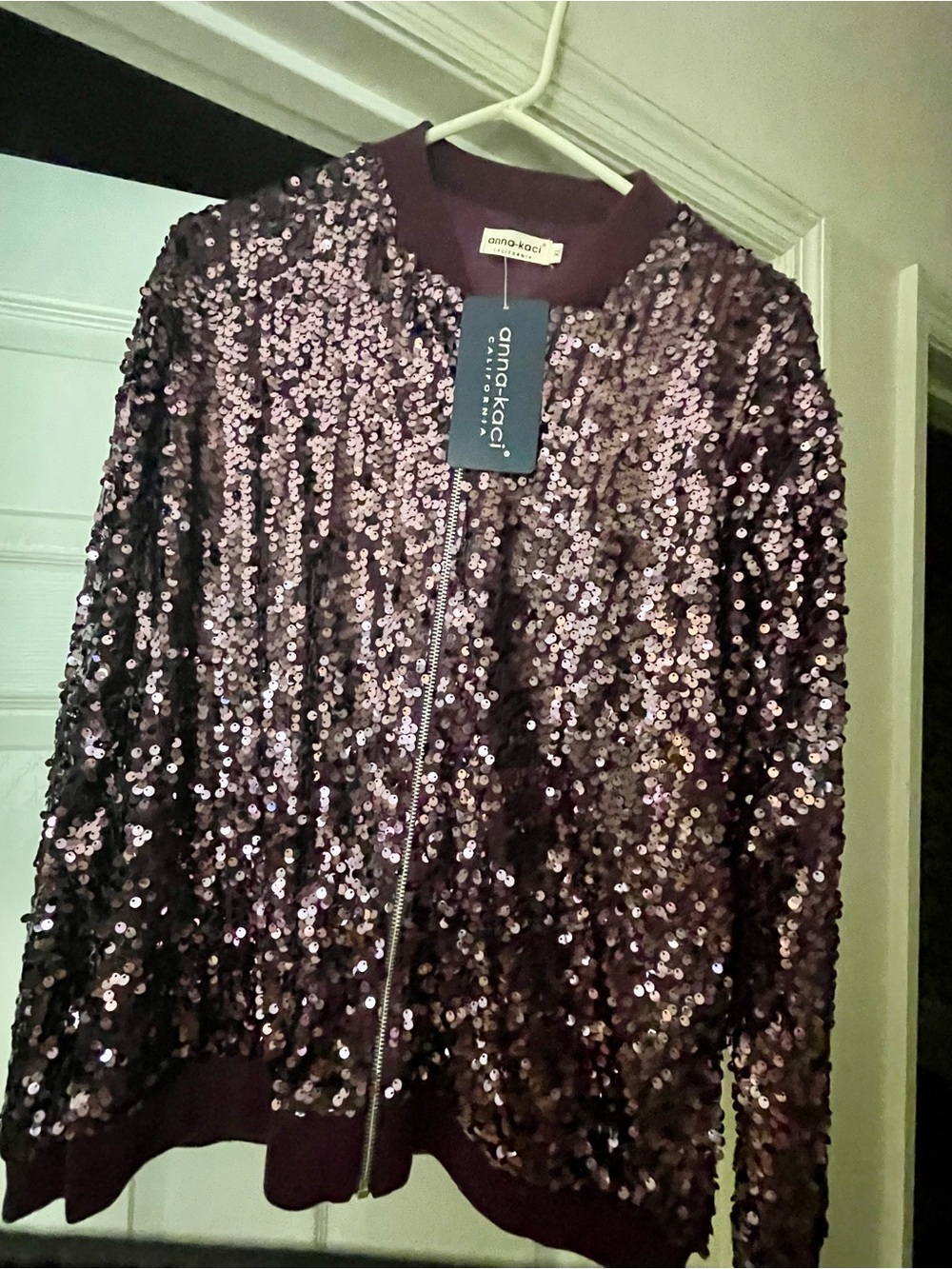 Women's Sequin Bomber Jacket in Plum